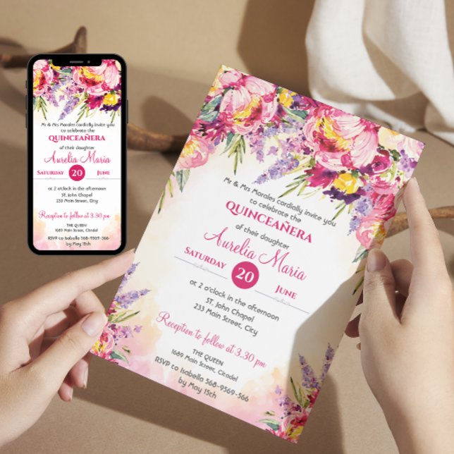 Elegant watercolor colourful flowers Quinceañera Invitation (Creator Uploaded)