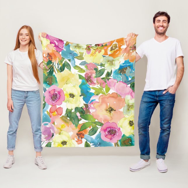 Elegant Watercolor Colourful Spring Floral Fleece Blanket (In Situ)