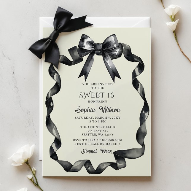 Elegant Watercolor Coquette Black Bow Sweet 16 (Budget Elegant Watercolor Coquette Black Bow Sweet 16 Invitation)