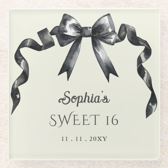 Elegant Watercolor Coquette Black Bow Sweet 16 Glass Coaster (Front)