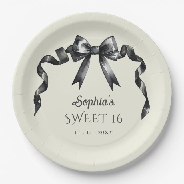 Elegant Watercolor Coquette Black Bow Sweet 16 Paper Plate (Front)
