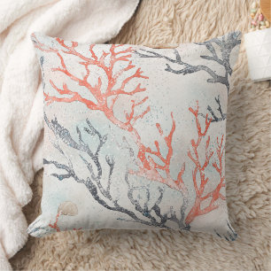 Elegant Watercolor Coral Branches & Ocean Waves Cushion