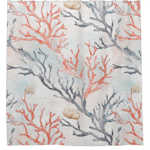 Elegant Watercolor Coral Branches & Ocean Waves Shower Curtain