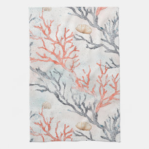 Elegant Watercolor Coral Branches & Ocean Waves Tea Towel