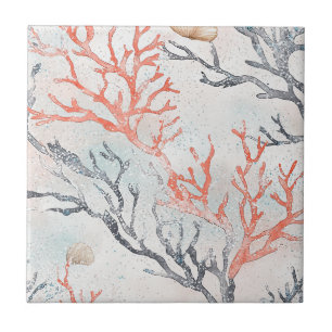 Elegant Watercolor Coral Branches & Ocean Waves Tile
