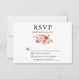 Elegant Watercolor Coral Floral Wedding RSVP Card