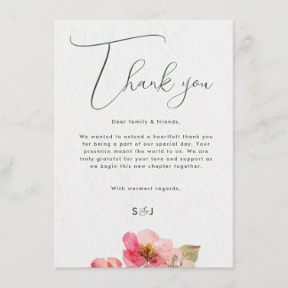 Elegant Watercolor Coral Pink Floral wedding  Thank You Card