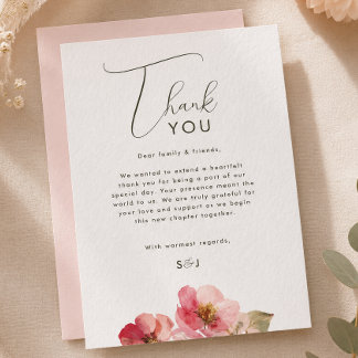 Elegant Watercolor Coral Pink Floral wedding  Thank You Card