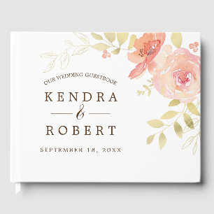 Elegant Watercolor Coral Pink Rose & Gold Wedding  Guest Book