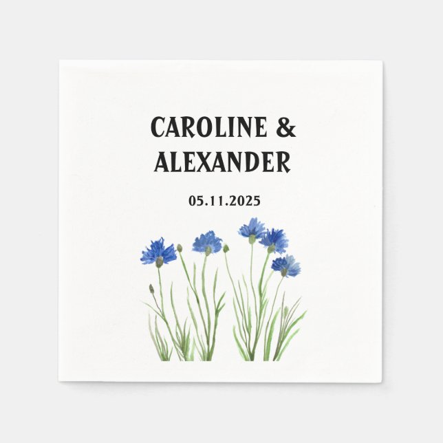 Elegant Watercolor Cornflowers Wildflowers Wedding Napkin (Front)