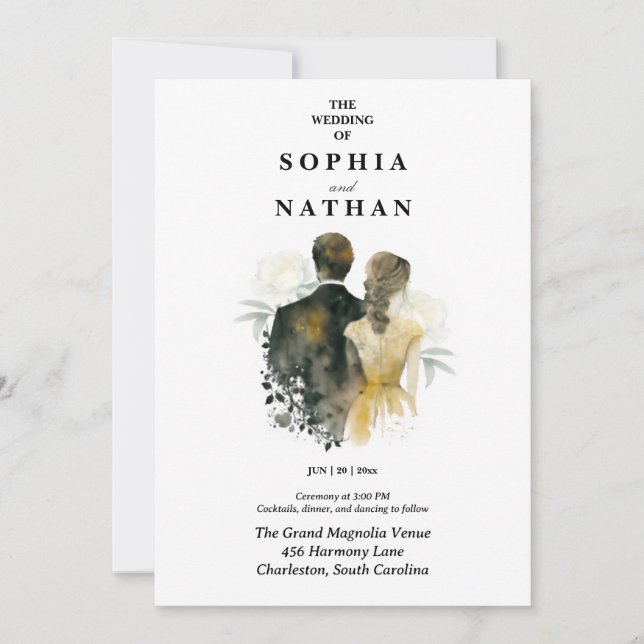 Elegant Watercolor Couple Bride Groom Wedding  Invitation (Front)