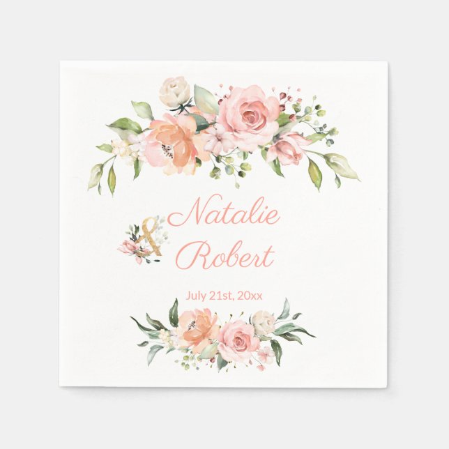 Elegant watercolor cream pink roses Wedding Napkin (Front)