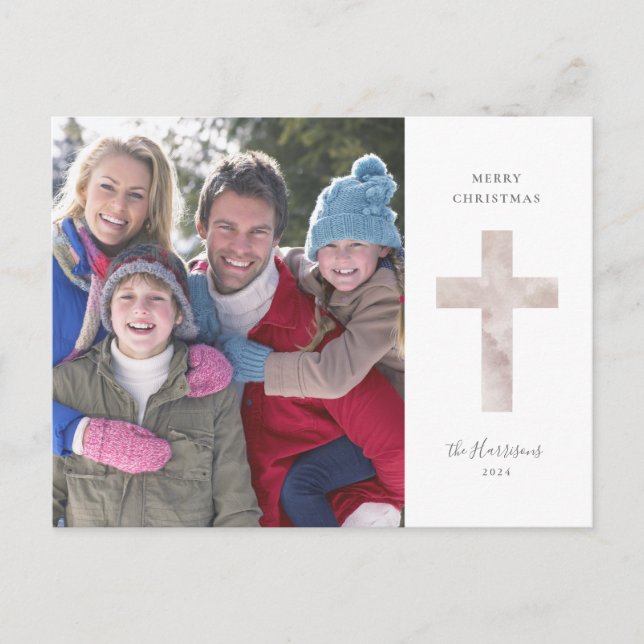 Elegant Watercolor Cross Photo Family Christmas Postcard (Front)