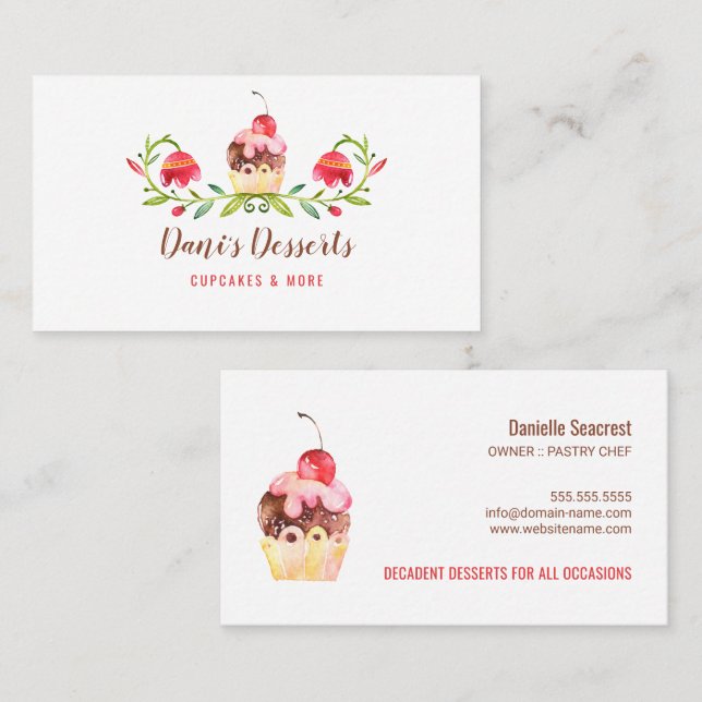 Elegant Watercolor Cupcake Baking Business Card (Front/Back)