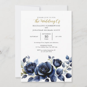 Elegant Watercolor Dark Blue Roses Floral Wedding Invitation