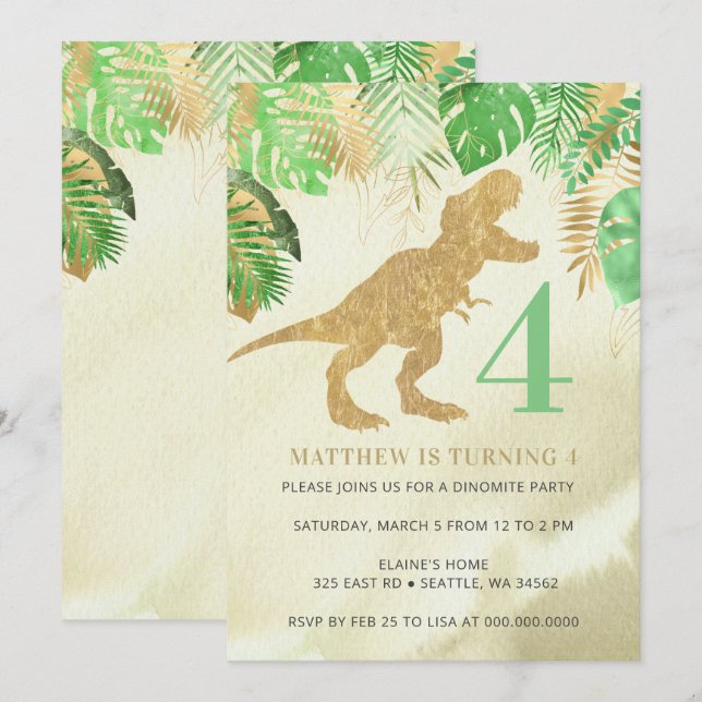 Elegant Watercolor Dinosaur Green Gold Birthday Invitation (Front/Back)
