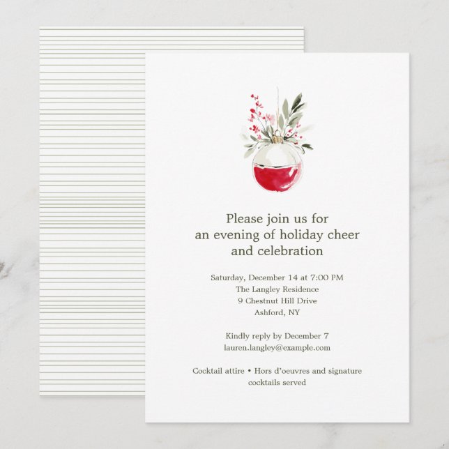 Elegant Watercolor Drawing Red Christmas Holiday Invitation (Front/Back)
