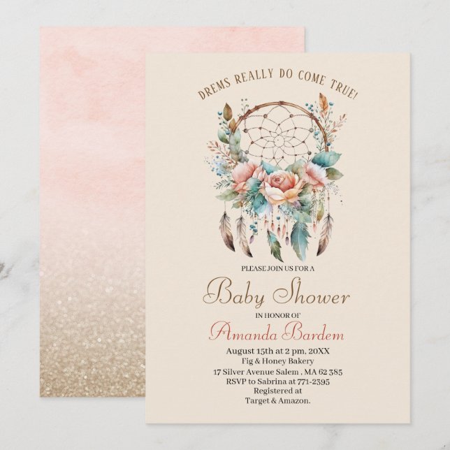 Elegant watercolor dream catcher and flowers invitation (Front/Back)