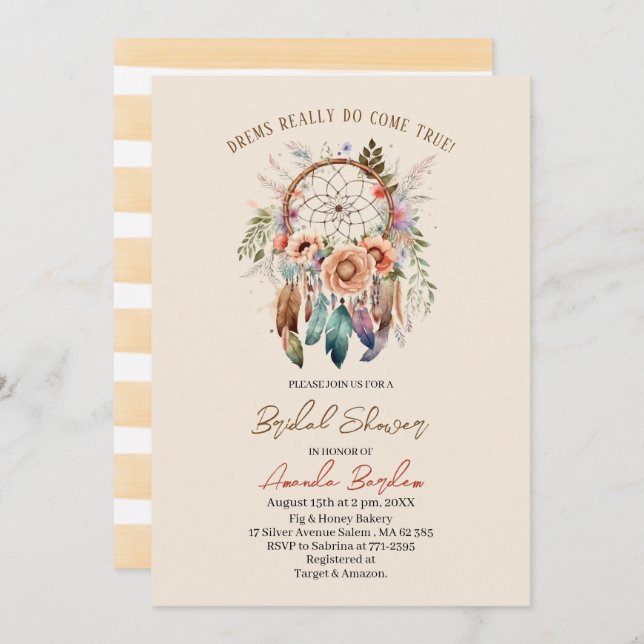 Elegant watercolor dream catcher and flowers invitation (Front/Back)