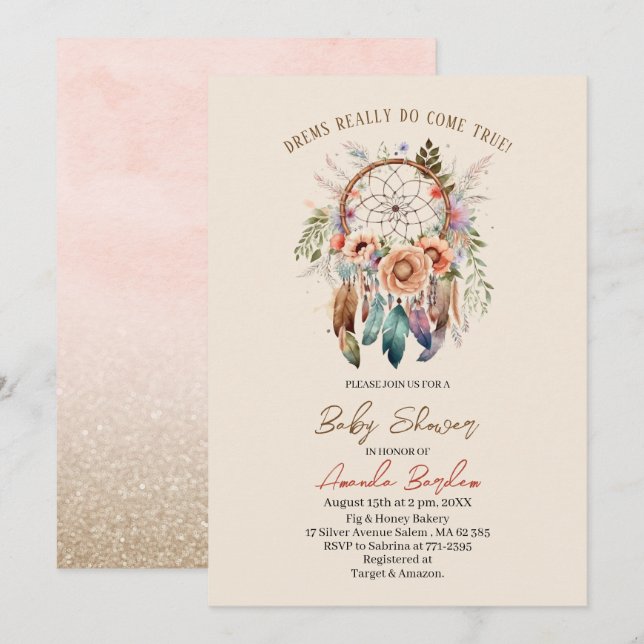 Elegant watercolor dream catcher and flowers invitation (Front/Back)
