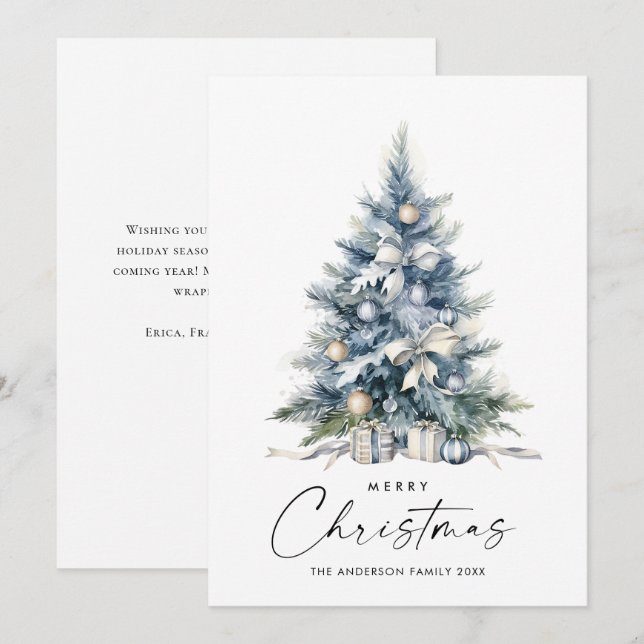 Elegant Watercolor Dusty Blue Christmas Tree Holiday Card (Front/Back)