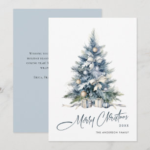 Elegant Watercolor Dusty Blue Christmas Tree Holiday Card