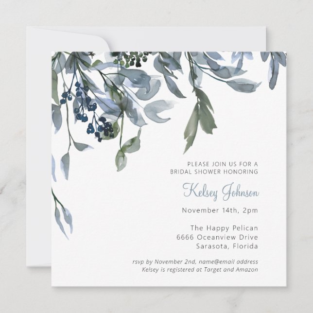 Elegant Watercolor Dusty Blue Floral Bridal Shower Invitation (Front)