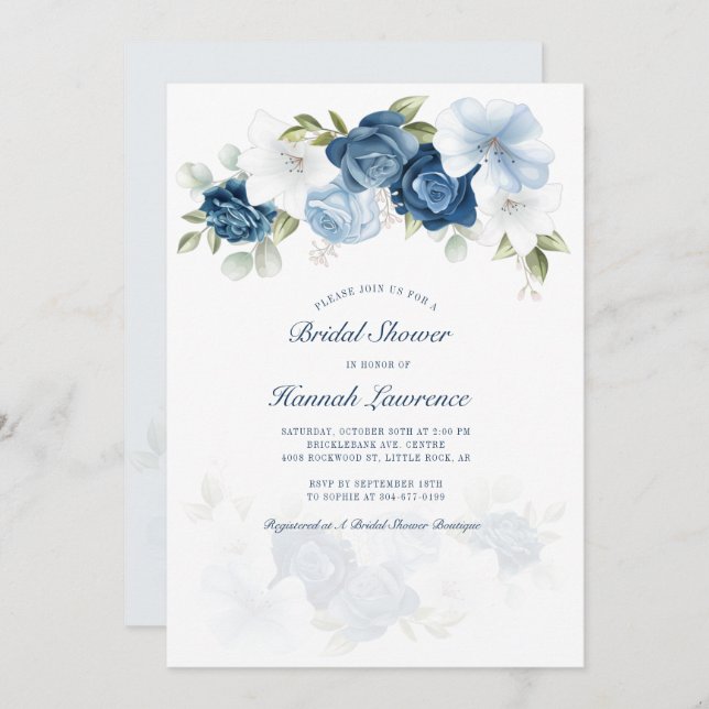 Elegant Watercolor Dusty Blue Floral Bridal Shower Invitation (Front/Back)