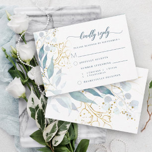 Elegant Watercolor Dusty Blue Floral Gold Meal RSVP Card