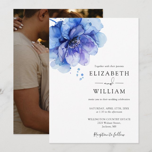 Elegant Watercolor Dusty Blue Floral Photo Wedding Invitation (Front/Back)
