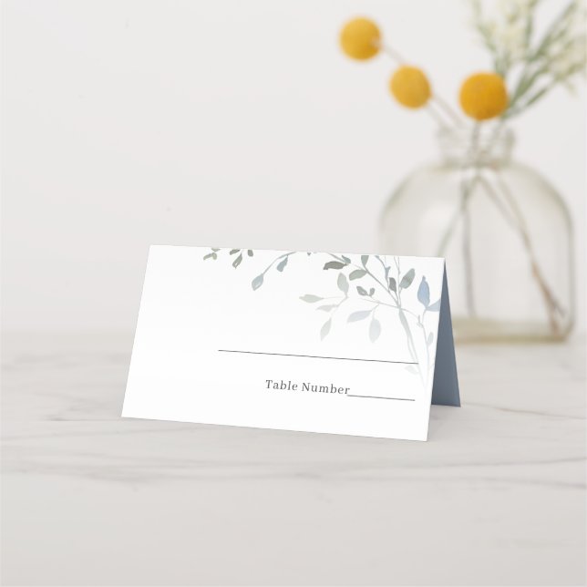 Elegant Watercolor Dusty Blue Floral Place Card (Front)