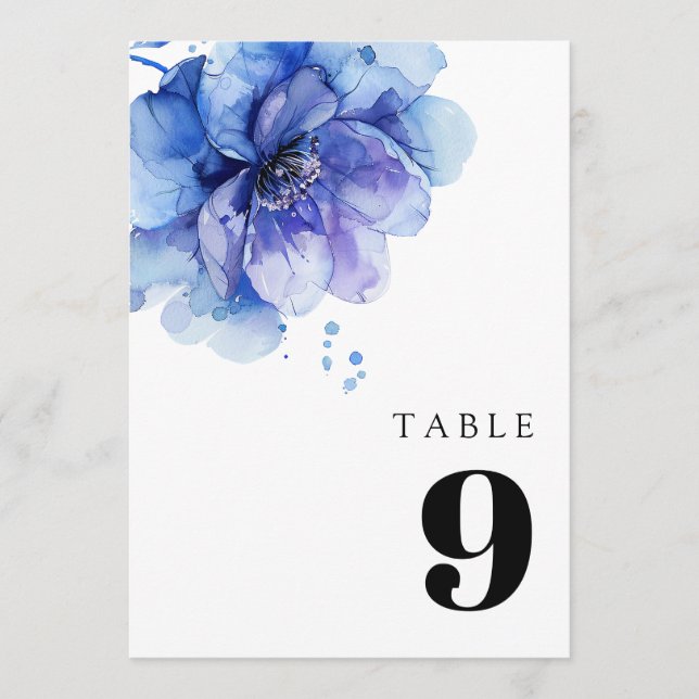 Elegant Watercolor Dusty Blue Floral Table Number (Front)