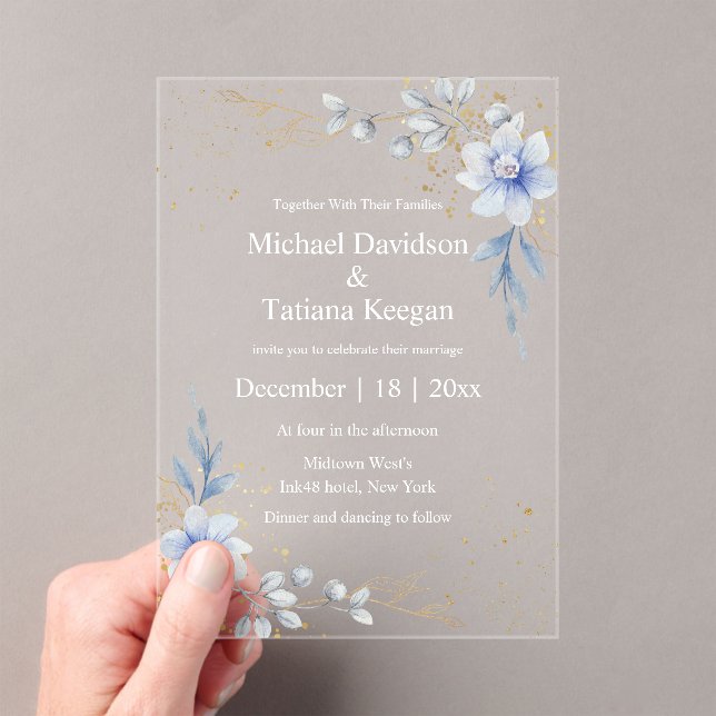 elegant watercolor dusty blue floral wedding  acrylic invitations (Insitu (Handheld))