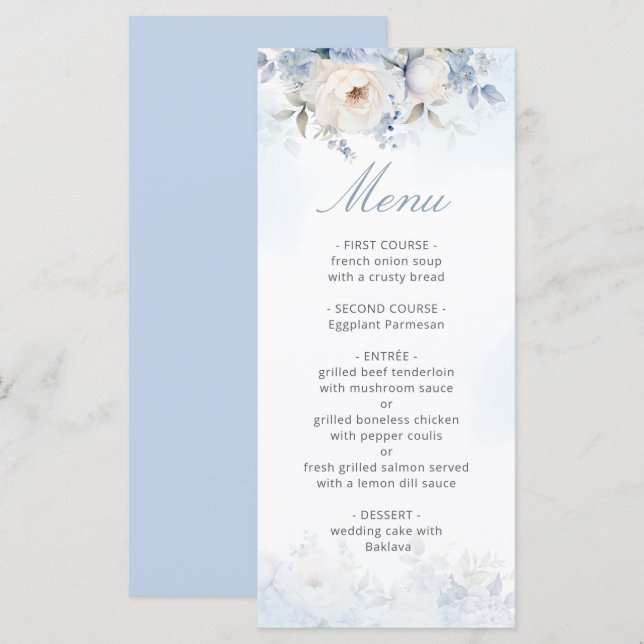 Elegant Watercolor Dusty Blue Floral Wedding Menu (Front/Back)