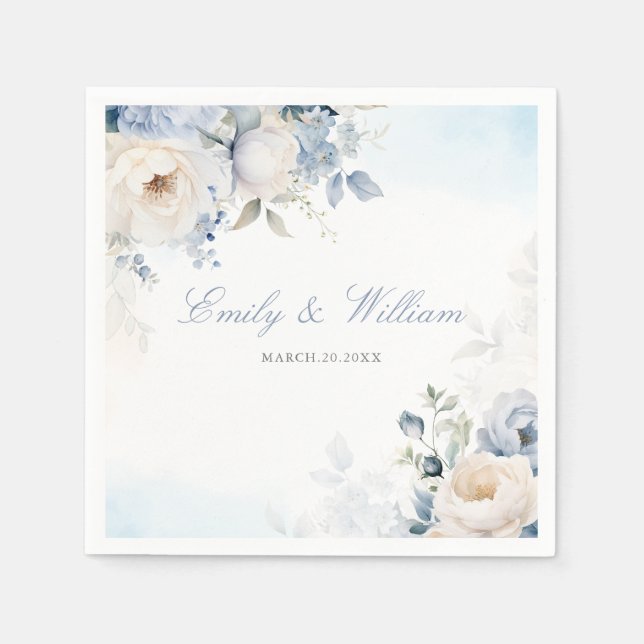 Elegant Watercolor Dusty Blue Floral Wedding  Napkin (Front)