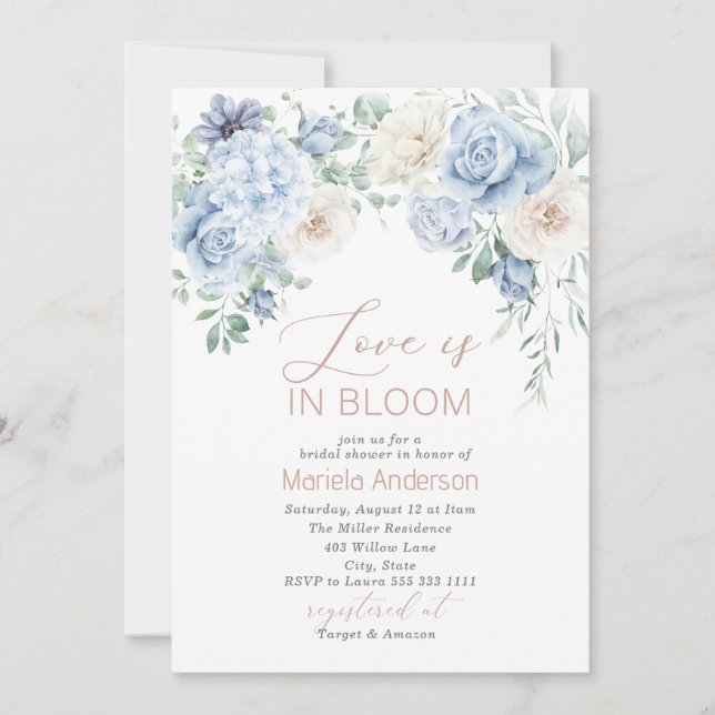 Elegant Watercolor Dusty Blue Flowers Bridal Showe Invitation (Front)