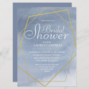 Elegant Watercolor Dusty Blue Gold Geometric Invitation