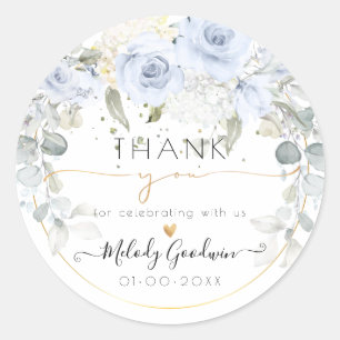 Elegant Watercolor Dusty Blue Roses Thank You Classic Round Sticker