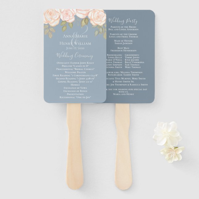 Elegant Watercolor Dusty Blue Wedding Program Hand Fan (Front and Back)