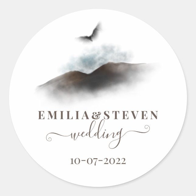 Elegant Watercolor Eagle Mountains Script Wedding Classic Round Sticker (Front)