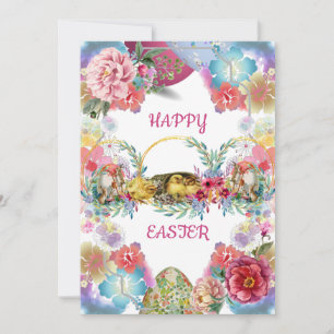 Elegant Watercolor Eggs Easter Chick Bunny Floral Holiday Card