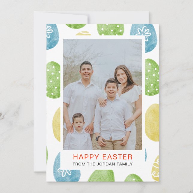 Elegant Watercolor Eggs Pattern Happy Easter Photo Holiday Card (Front)