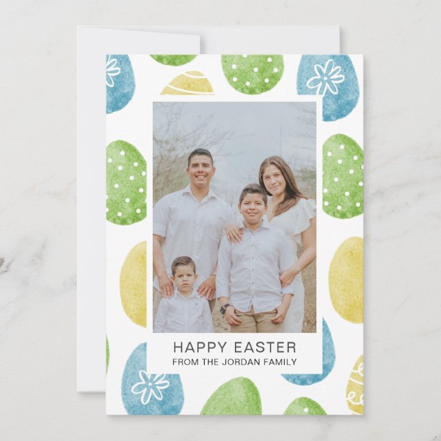 Elegant Watercolor Eggs Pattern Happy Easter Photo Holiday Card (Front)