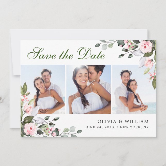 Elegant Watercolor Eucalyptus 3 PHOTO Wedding Save The Date (Front)