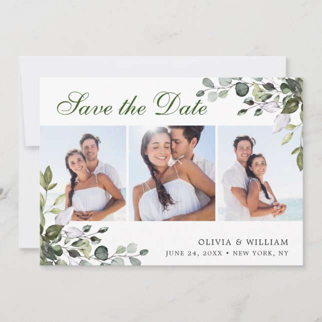 Elegant Watercolor Eucalyptus 3 PHOTO Wedding Save The Date (Front)