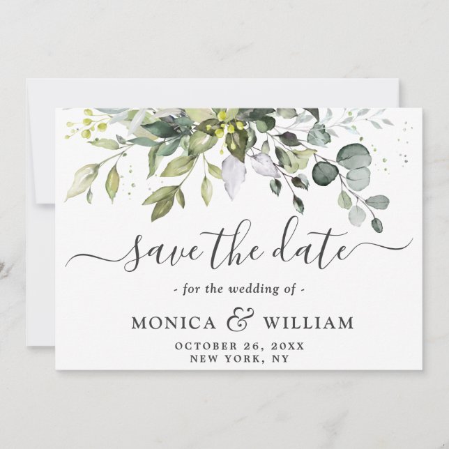 Elegant Watercolor Eucalyptus 3 PHOTO Wedding Save The Date (Front)