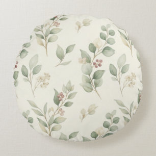 Elegant Watercolor Eucalyptus and Blush Berry Bota Round Cushion
