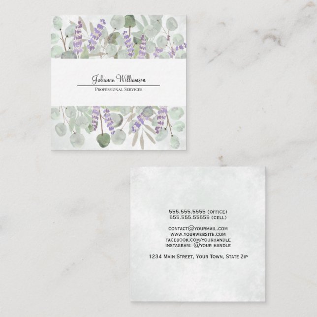 Elegant Watercolor Eucalyptus and Lavender Square Business Card (Front/Back)
