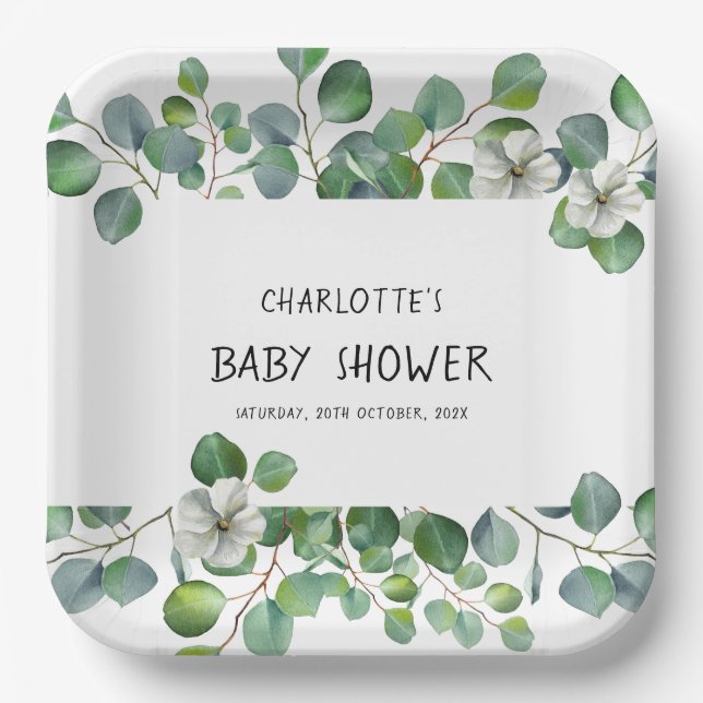 Elegant Watercolor Eucalyptus Baby Shower Paper Plate (Front)
