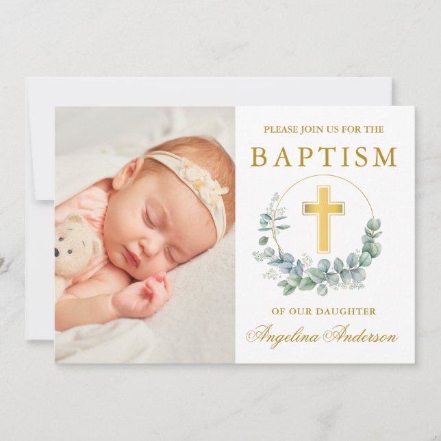 Elegant Watercolor Eucalyptus Baptism Gold Photo Invitation (Front)
